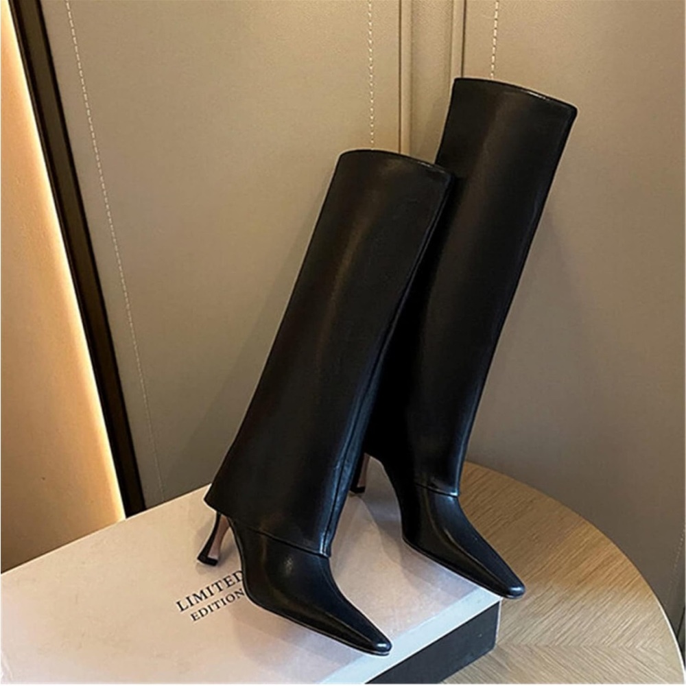NWT Stiletto Heel Knee High Leather Square Fold Over Boots
